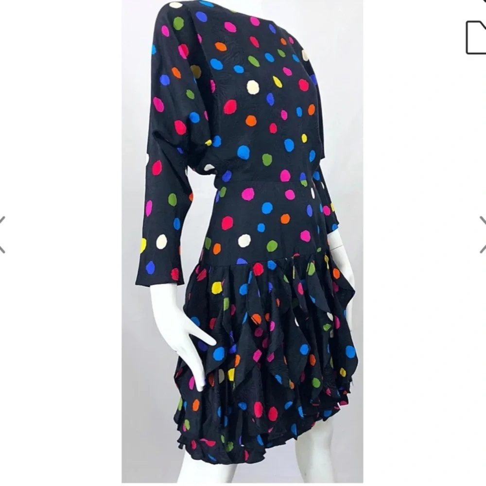 Gillian 100% Silk Vintage 80’s polka dot Ruffle midi Dolman sleeve dress size8 - Picture 2 of 13